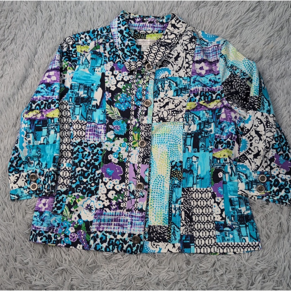 Christopher & Banks Jacket Womens L Petite Blue Floral Lightweight Button Up